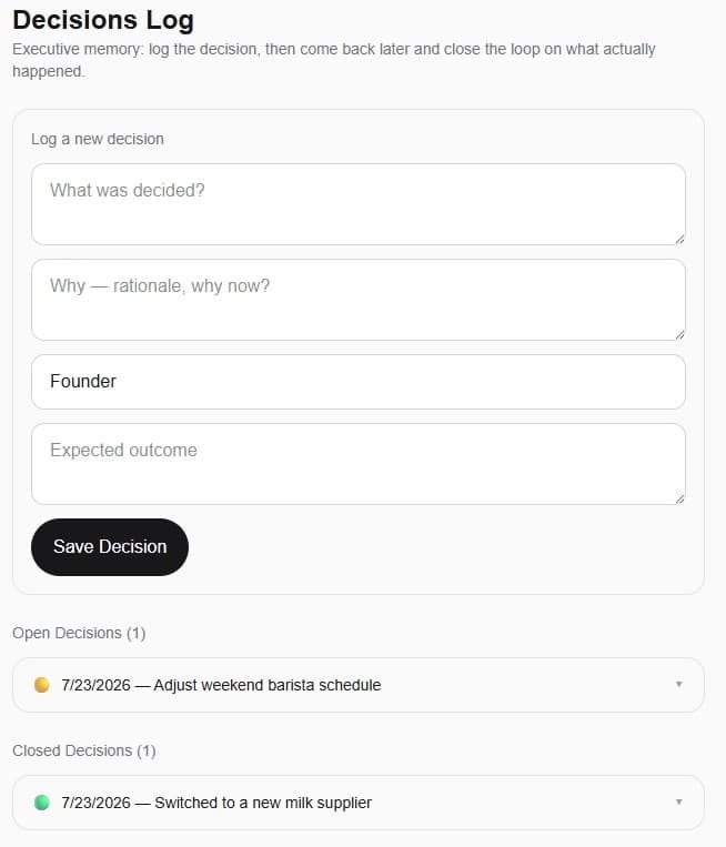 Decisions Log screenshot