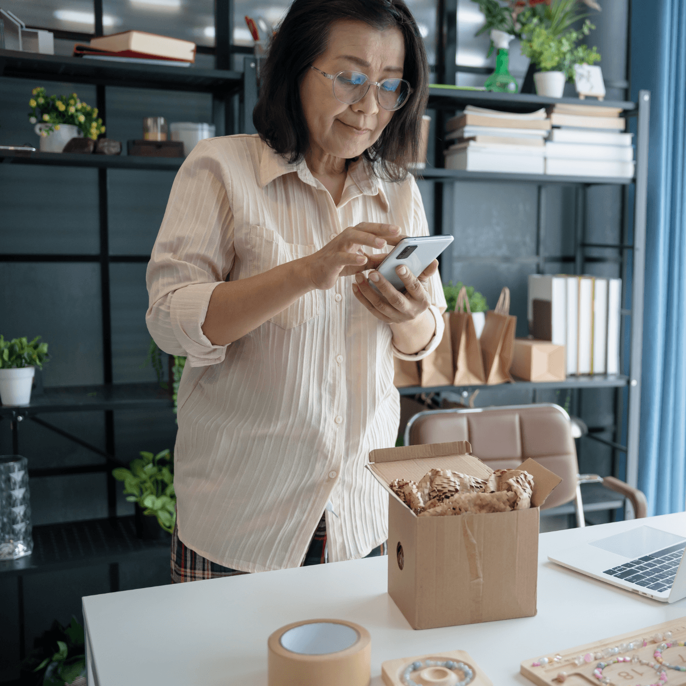 A business owner checking her phone while packing an order
